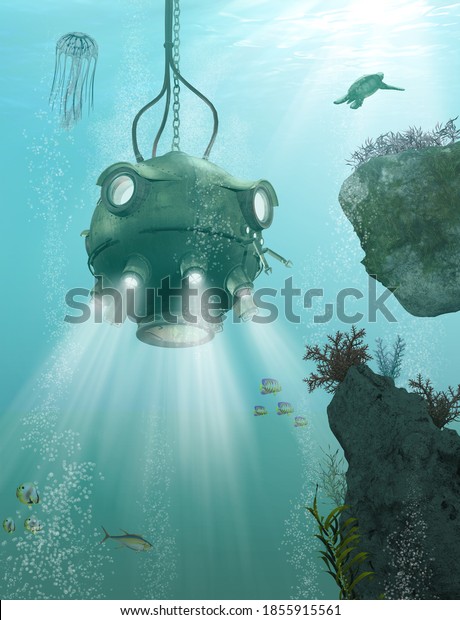 海中の海底 深い潜水器 海洋生物学者による深海探査 3dレンダリング のイラスト素材