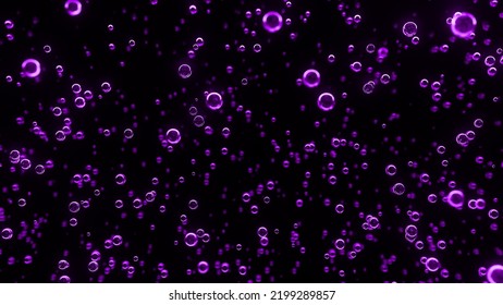 Underwater bubbles. Abstract purple bubble background. Distribution of bubbles. Nice 3d spheres with reflection. Macro shot of various air bubbles in water. 3D rendering