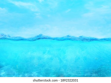 Underwater Calm Ocean Wave Surface And Blue Sky Splitted By Waterline. 3D Illustration With Translucent Deep Underwater Sea Design Template. Horizon Tropical Turquoise Clean Water Seascape Background