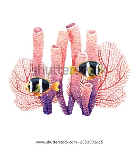 Underwater composition with coral reef plants and exotic fishes. Watercolor illustration isolated on white for clip art, cards, labels