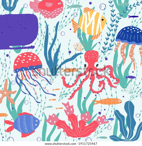 Underwater\
creatures fish, jellyfish, octopus, clownfish, seaplants and\
corals, set with marine animals for print, textile, wallpaper,\
nursery decor, prints, childish background.\
