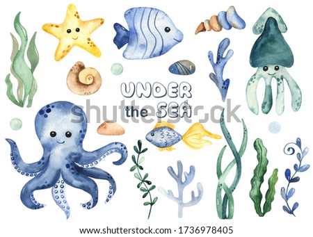 Underwater creatures squid, octopus, starfish, corals, algae, shells. Watercolor hand drawn clipart