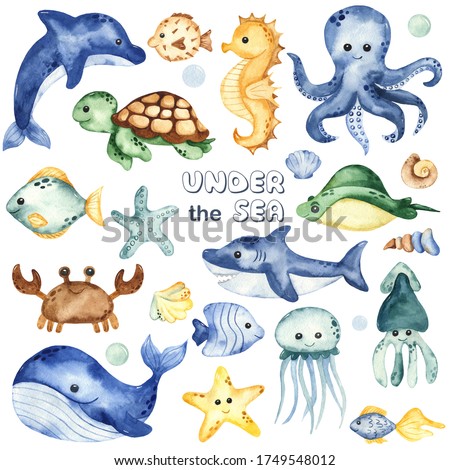 Underwater creatures, whale, octopus, shark, crab, dolphin, sea turtle, fish. Watercolor hand drawn clipart