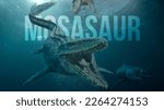Underwater dinosaur mosasaur attack shark "3D illustration"
