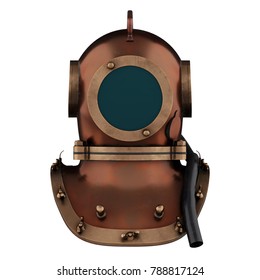 Underwater diving scuba helmet. Old school and vintage style. Front view. 3D render Illustration isolated on a white background.