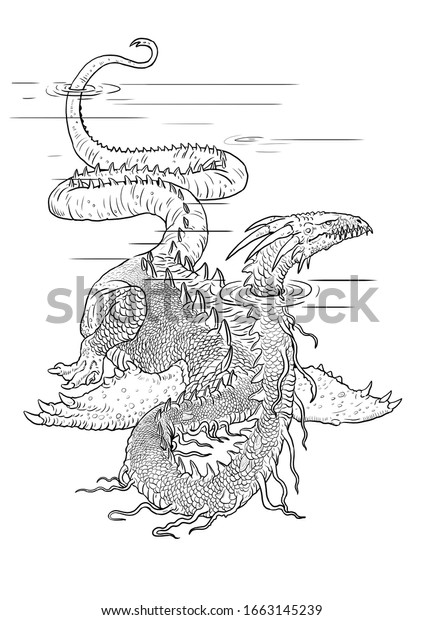 Underwater dragon coloring page. Outline\
illustration. Dragon drawing coloring\
sheet.