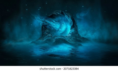 Underwater Fantasy World. The Dark Bottom Of The Ocean, The Abyss. Underwater Rocks And Tunnels. Underwater Landscape. Neon Sea Jellyfish At The Bottom Of The Sea. Dark Natural Marine Background. 3D 