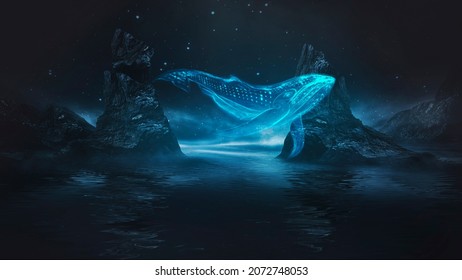 Underwater fantasy world. The dark bottom of the ocean, the abyss. Underwater rocks and tunnels. Underwater landscape. Neon sea jellyfish at the bottom of the sea. Dark natural marine background. 3D 