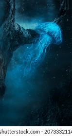 Underwater Fantasy World. The Dark Bottom Of The Ocean, The Abyss. Underwater Rocks And Tunnels. Neon Sea Jellyfish At The Bottom Of The Sea. Dark Natural Marine Background. 3D 