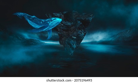 Underwater Fantasy World. The Dark Bottom Of The Ocean, The Abyss. Underwater Rocks And Tunnels. Underwater Landscape. Neon Sea Jellyfish At The Bottom Of The Sea. Dark Natural Marine Background. 3D 