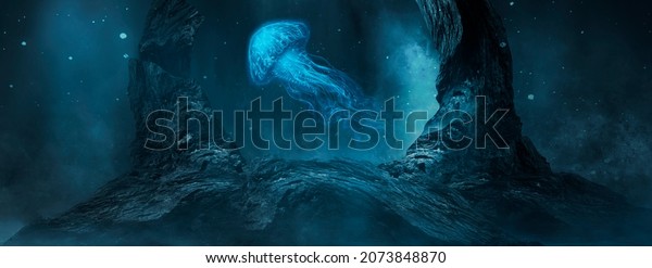 Underwater fantasy world. The dark bottom of the ocean,\
the abyss. Underwater rocks and tunnels. Underwater landscape. Neon\
sea jellyfish at the bottom of the sea. Dark natural marine\
background. 3D\
