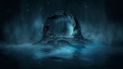 Underwater Fantasy World. Futuristic Fantasy Night Landscape With Abstract Landscape And Island, Moonlight, Neon. Dark Natural Scene With Light Reflection In Water. Neon Space Galaxy Portal. 3D 