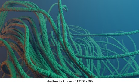 Underwater Fantasy World. Seaweed Bottom Of The Sea. The Dark Bottom Of The Ocean, The Abyss. Underwater Landscape.  Dark Natural Marine Background. 3D Illustration