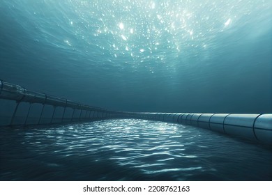 Underwater Gas Pipelines For Gas Transportation In Europe. Underwater View. Concept Of Climate Risks And Pollution Of The Sea. Oil, Gas Pipeline On The Sea Bottom. 3D Digital Illustration.