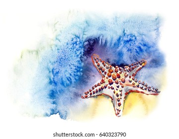 Underwater Inhabitants. Sea Life. Watercolor Hand Drawn Illustration. 