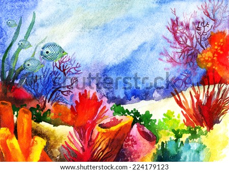 Underwater landscape with coral reef. Hand painted watercolor illustration
