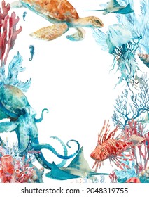 Underwater life cover illustration. Frame hand painted with watercolor. Sea animals, fishes and plants. 