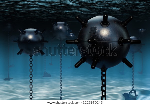 Underwater mines, naval\
mines. 3D\
rendering