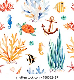 Underwater multicolored seamless pattern.Seaworld watercolor background with cute turtle,seahorse,coral reef,seaweed,anchor.Perfect for invitations,party decorations,printable,craft project,wallpaper.