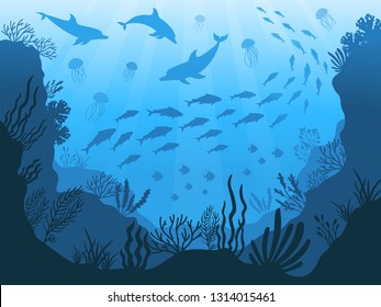 Underwater ocean fauna. Deep sea plants, fishes and animals. Marine seaweed, fish under water and animal silhouette with corals, algae seaweed cartoon  background illustration