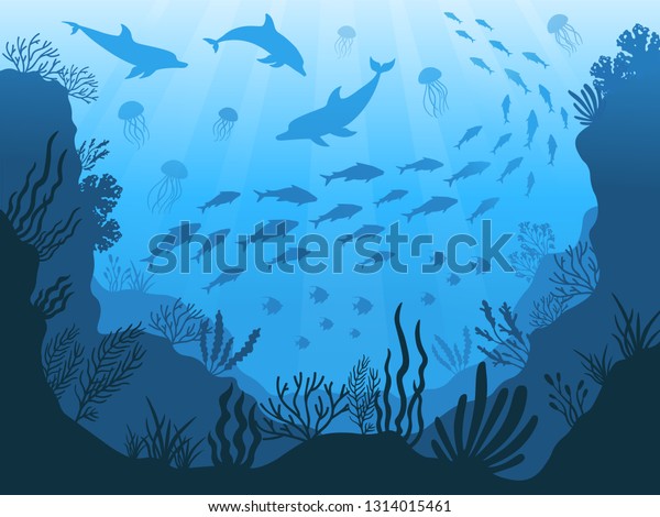 水中海洋動物相 深海植物 魚 動物 海藻 水中の魚 サンゴと動物のシルエット 藻類のアニメの背景イラスト のイラスト素材