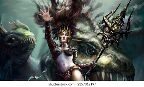 An underwater queen with a trident in her hand, commands sea snakes, she is dressed in a dress and pieces of armor, on her head is a crown. Digital drawing style, 2D Illustration