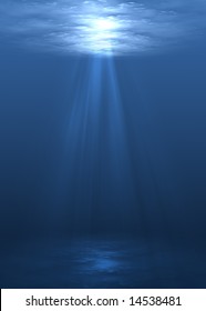 Underwater Scene With Sun Rays Shining Through Water Surface.