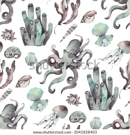 Underwater Sea animals pattern - seashells, seaweed, octopus stingray fish Seamless Pattern
