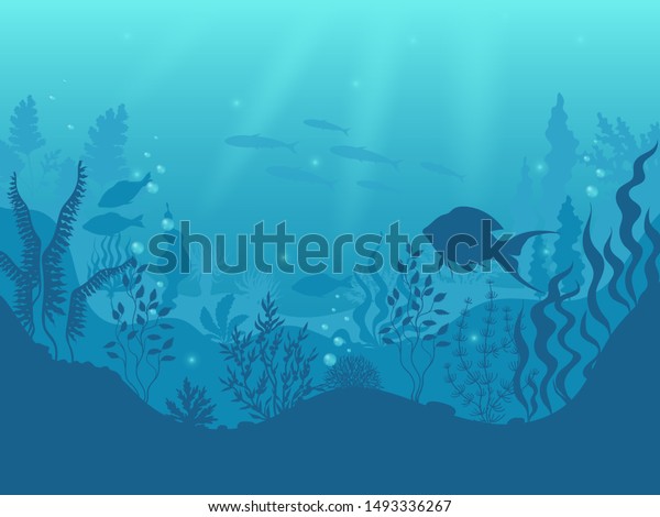 水中のシルエット背景 海底サンゴ礁 海洋魚 海洋藻の漫画のシーン 水中の日光 水生と海底 のイラスト素材