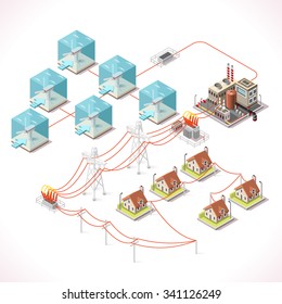 Underwater Turbine Electricity.Isometric Windmill Farms Power Plant Factory Electric Power Station Electricity Grid Energy Supply Chain.Saving Energy Management Diagram Isometric Building Illustration