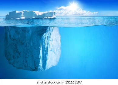 Underwater view of big iceberg with beautiful transparent sea on background - illustration.