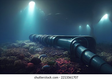 Underwater View Of Gas Pipeline In The North Sea. The Risk Of Climate Change And The Pollution Of The Sea In Europe. Oil, And Gas Pipelines On The Sea Floor. 3D Digital Illustration.