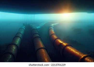 Underwater View Of Gas Pipeline In The North Sea. The Risk Of Climate Change And The Pollution Of The Sea In Europe. Oil, And Gas Pipelines On The Sea Floor. 3D Digital Illustration.