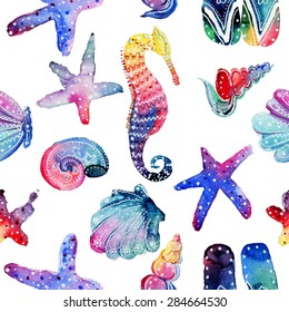 Underwater Watercolor Hand Drawn Illustration. Raster Seamless Pattern With Seahorses, Jellyfishes, Shells And Other Sea Animals. #3