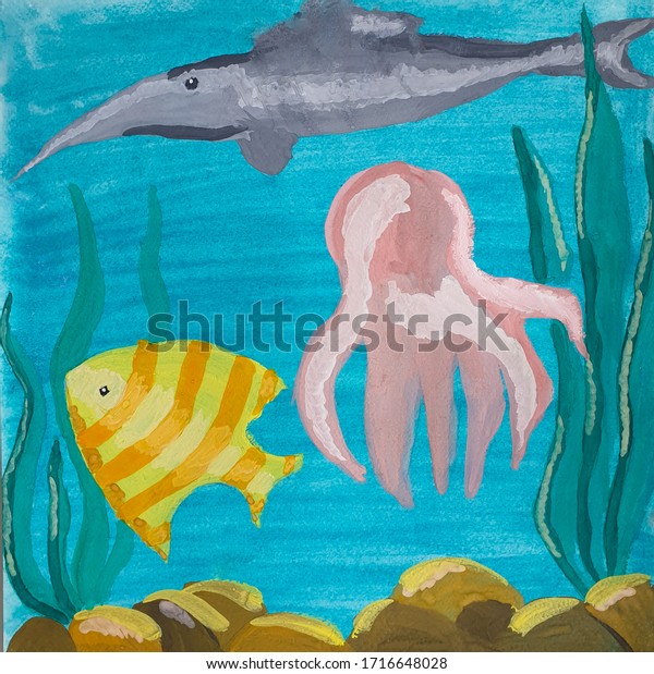 水中の世界 絵の具を使った子供の絵 海 魚 タコ 藻 船首 海床 水中背景 のイラスト素材