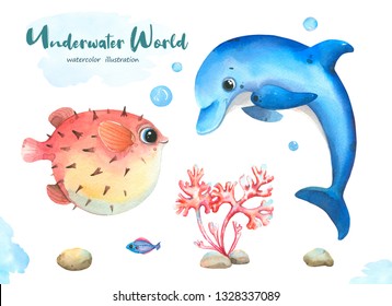 Underwater world inhabitants. Hand painted watercolor set with colorful dolphin, hedgehog fish, small fish, sea stones and coral isolated on white background.