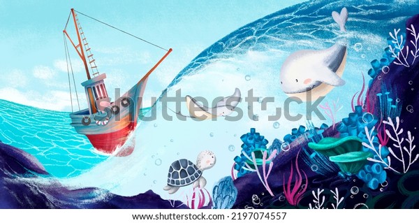  underwater world with marine animals in which the ship sails children's photo wallpaper