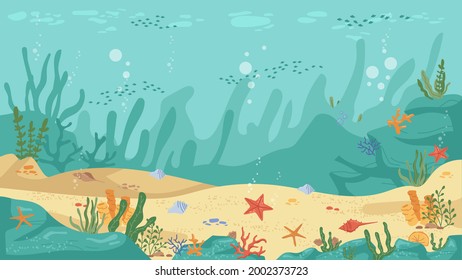 Underwater World Sea Bottom, Algae And Coral Reef, Sea Stars And Fish, Flat Cartoon Background. Aquarium With Seafloor, Marine Wildlife Scenery, Bubbles. Seaweeds And Stones Undersea Plants