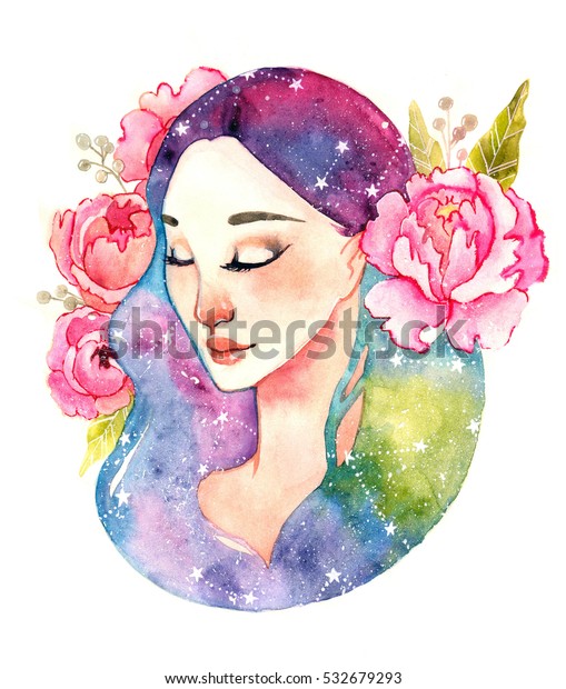 髪に空間を持つ超自然的な女の子 牡丹と星を持つ妖精の水彩イラスト 乙女座 漫画のかわいい女の子 子ども向けのイラスト のイラスト素材