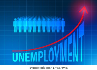 Unemployment People. Unemployment Line Is Growing Up. Increase In Number Of Unemployed. Graph Shows A Sharp Increase In Unemployment. Crisis In Labor Market. Growth By Layoffs. Jobless Claims