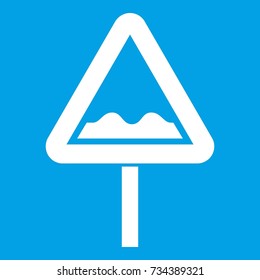 Uneven triangular road sign icon white isolated on blue background  illustration