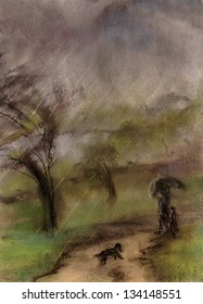 Unexpected Rain With A Wind, Road, The Woman With An Umbrella And The Boy, A Dog