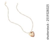 Unfastened gold chain with heart-shaped pendant in watercolor. Isolated illustration of jewelry for design of catalogs, advertising campaigns, fashion magazines, social networks, presentations