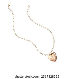 Unfastened gold chain with heart-shaped pendant in watercolor. Isolated illustration of jewelry for design of catalogs, advertising campaigns, fashion magazines, social networks, presentations