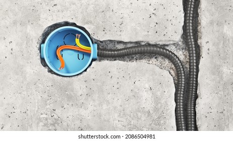 Unfinished electrical mains outlet socket with electrical wires. 3d illustration - Powered by Shutterstock