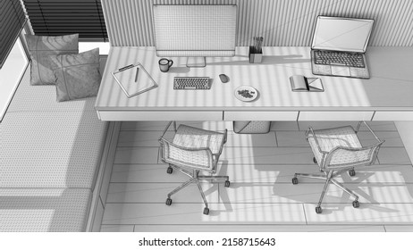 Unfinished Project Draft, Smart Working, Corner Office, Desk With Chairs, Computers And Accessories. Big Window With Bench With Pillow, Parquet Floor, Top View, Above. Interior Design, 3d Illustration