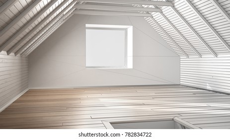 Unfinished project of empty room, loft, attic, parquet wooden floor and wooden ceiling beams, architecture interior design, 3d illustration