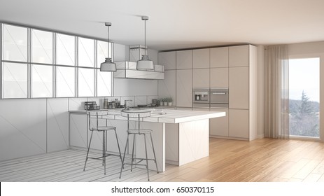 Unfinished project of modern kitchen with big window, sketch abstract interior design, 3d illustration