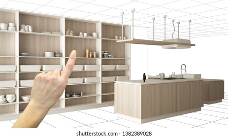 Unfinished project, under construction draft, concept interior design sketch, hand pointing real wooden kitchen with blueprint background, architect and designer idea, 3d illustration