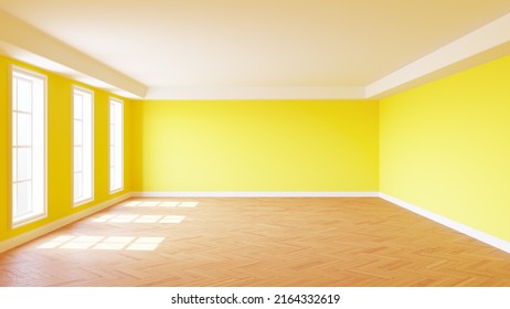 Unfurnished Empty Sunlit Interior with Yellow Walls, Three Large Windows, White Ceiling Cornice, Parquet Floor and a White Plinth. 3D rendering with a Work Path on the Windows. 8K Ultra HD, 7680x4320